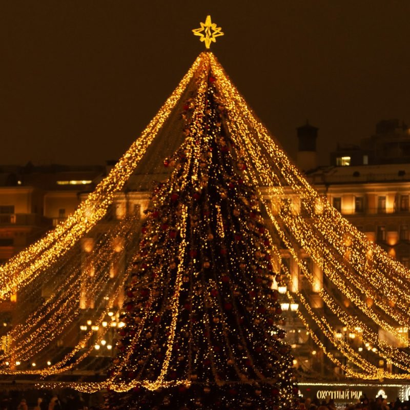 A large Christmas tree in the city center with golden lights on the background of the night city.