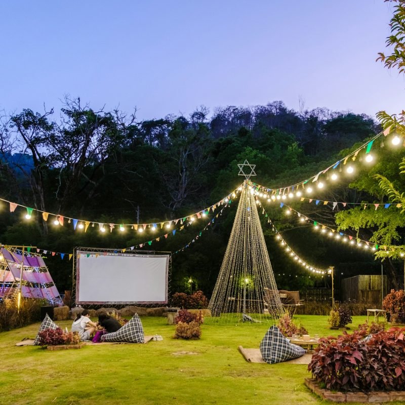 outdoor cinema film in a tropical garden with christmas lights